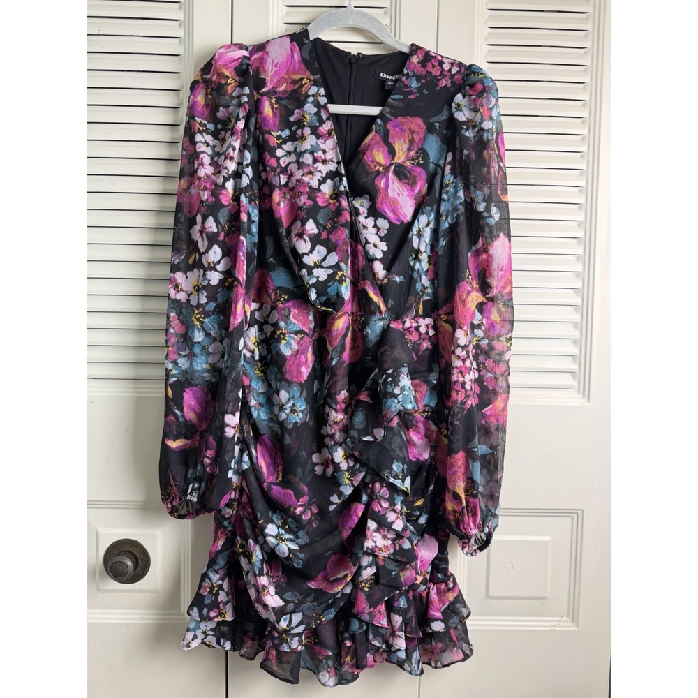 Express Floral Mini Dress S Black Fairy Ruffle Tiered Puff Sleeve Homecoming